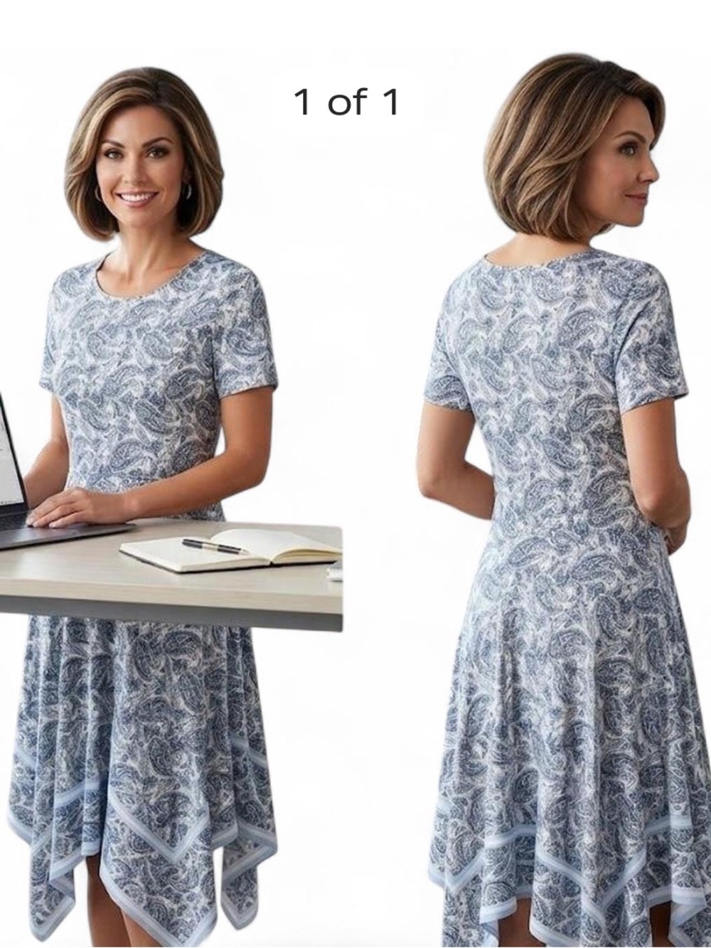 Women's Blue Paisley Midi Dress with Handkerchief Hem